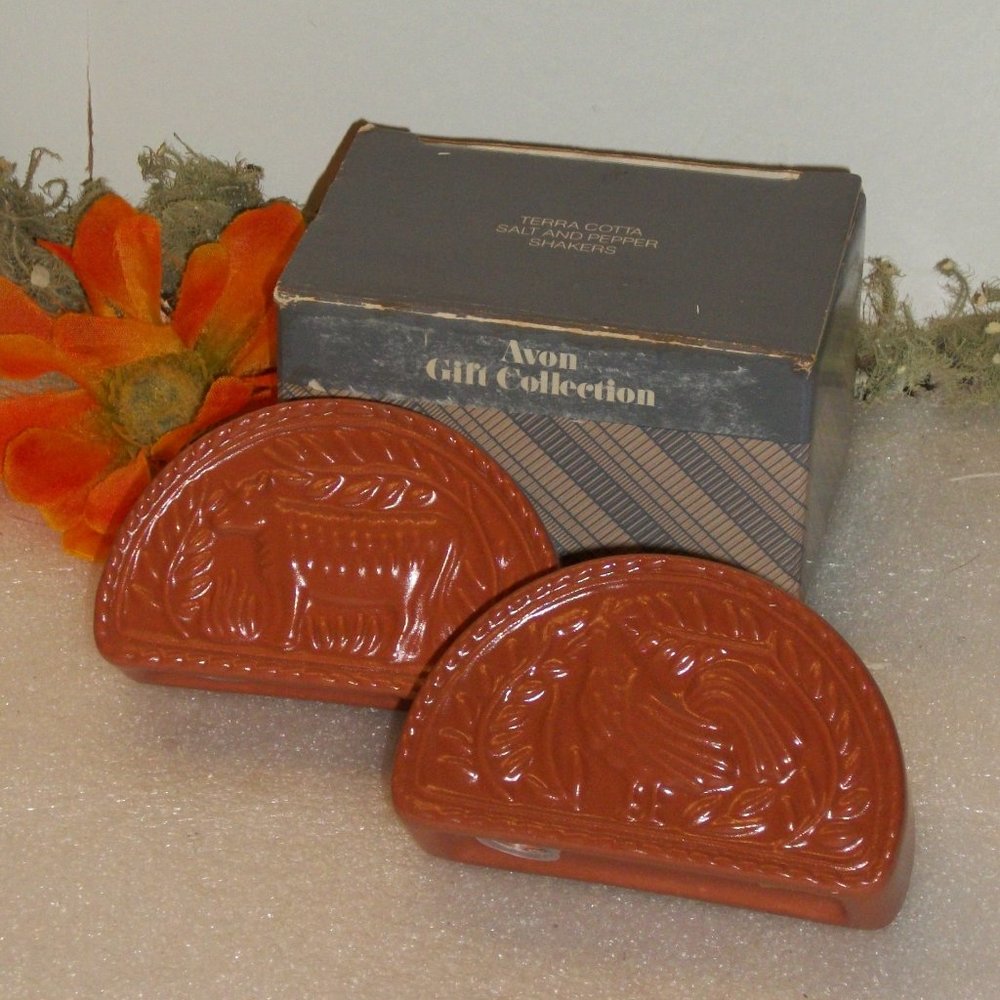 Vintage Avon Terra Cotta Salt & Pepper Shakers NIB Weiss Brazil Rooster Cow